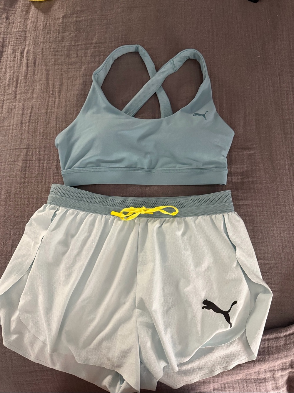 Puma Women's Light Blue Crossback Sports Bra & Shorts Set